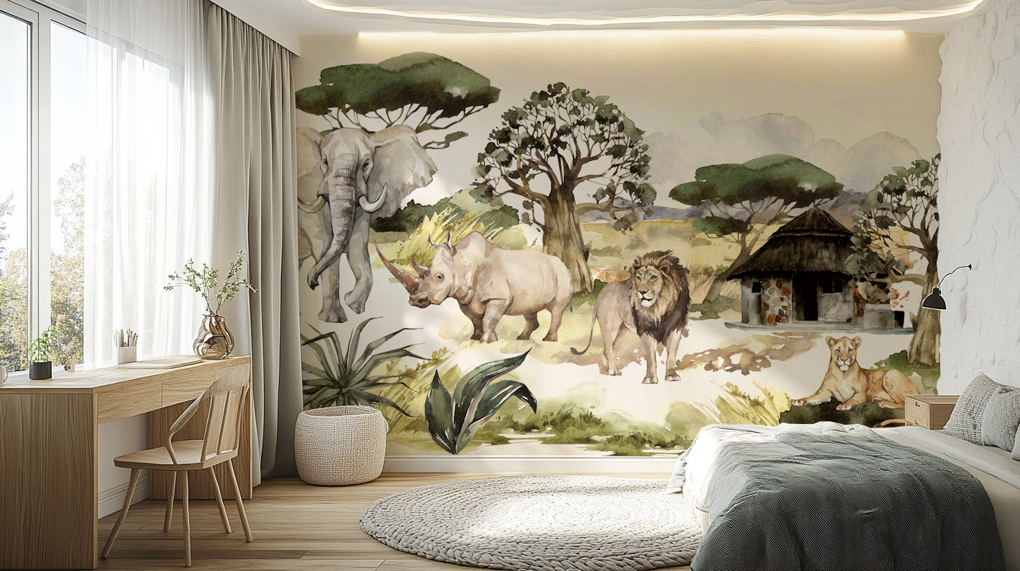 Majestic elephants in watercolor style on African mural

