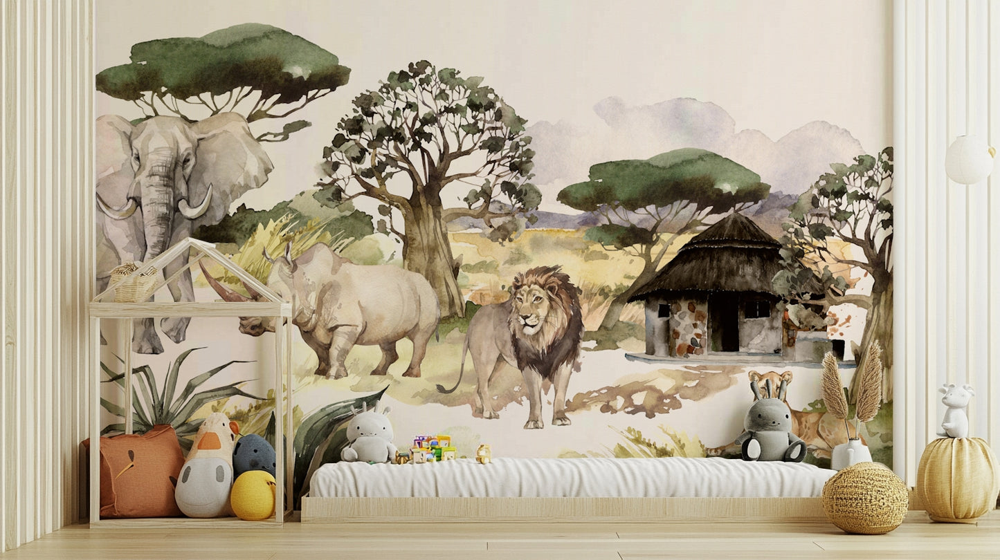 African safari mural with elephants and lions in watercolor

