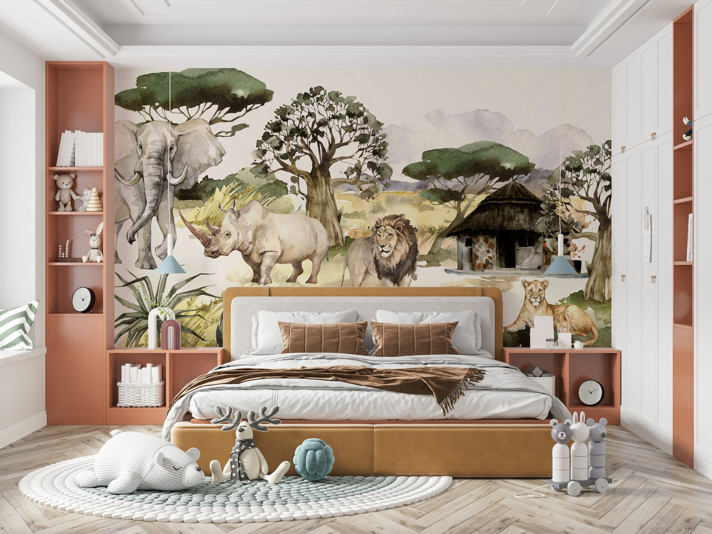 Watercolor African safari mural with wildlife and nature

