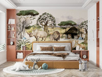 Watercolor African safari mural with wildlife and nature

