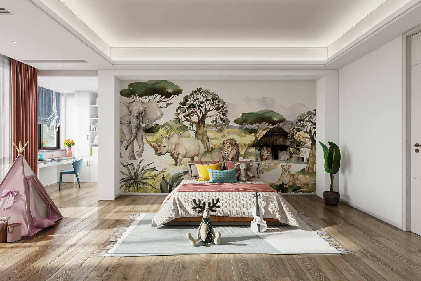 African watercolor mural featuring giraffes and zebras

