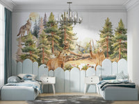 Beautiful enchanted forest mural with birds and trees.

