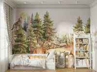 Magic forest wall mural featuring woodland creatures.


