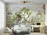 Whimsical woodland creatures mural for kids’ room.

