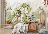 Colorful woodland animals mural for kids’ bedroom.

