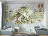 Kids’ room woodland adventure mural with friendly animals.

