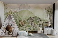Kids room mural with friendly woodland animals.

