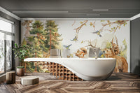 Intricate forest scene with woodland creatures and foliage

