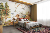 Nature-inspired wall mural featuring forest and wildlife

