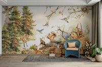 Woodland animals in a vibrant forest setting mural design

