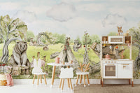 Detailed woodland wall art with trees and animals

