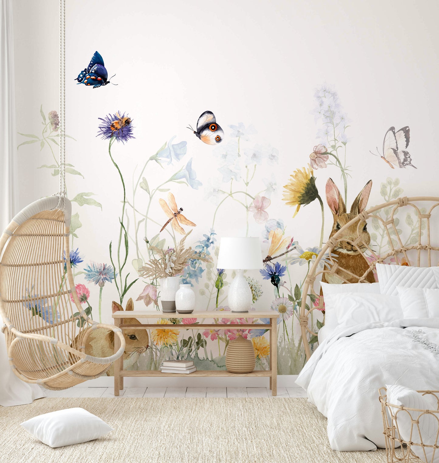 Playful rabbits in a garden mural perfect for nurseries.

