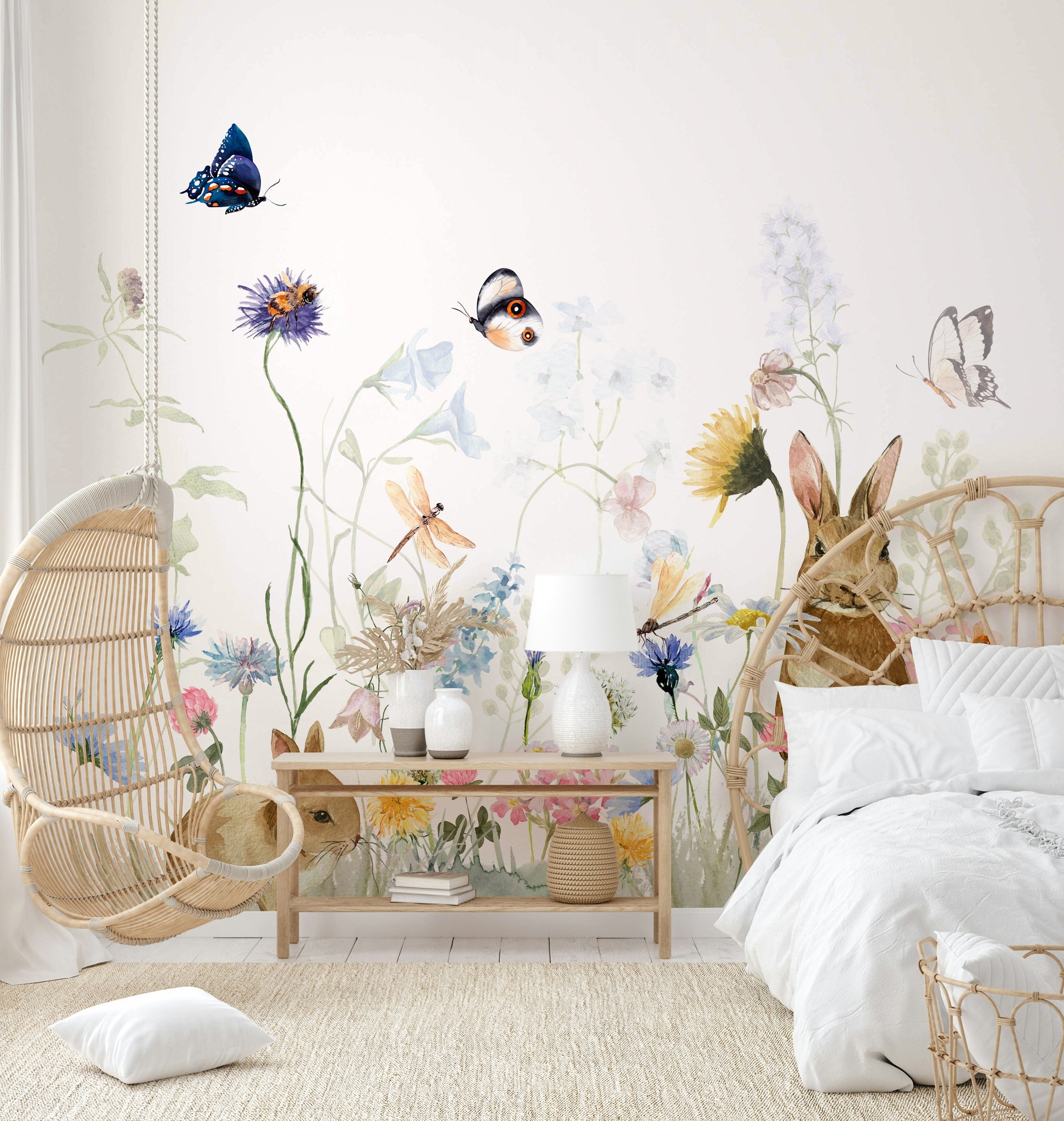 Playful rabbits in a garden mural perfect for nurseries.

