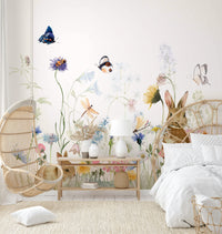 Playful rabbits in a garden mural perfect for nurseries.

