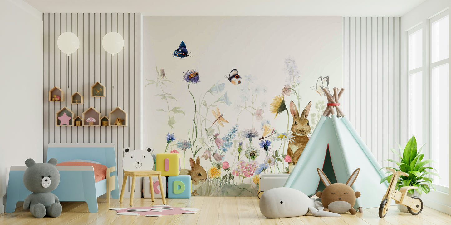 Lush greenery with rabbits on wall mural for kids' rooms.

