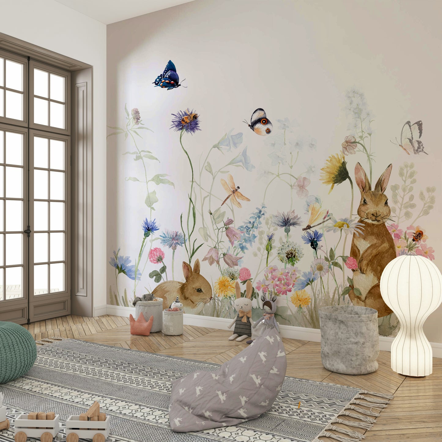 Enchanting garden scene with rabbits for wall decor.

