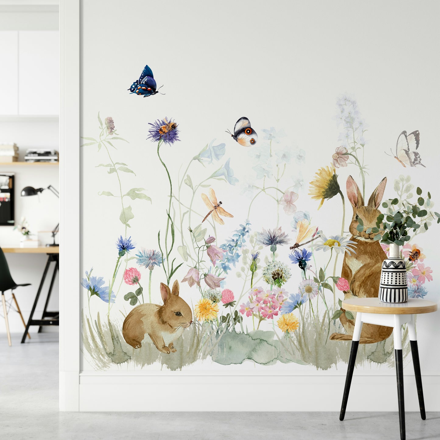 Peaceful rabbit-filled garden mural for home walls.

