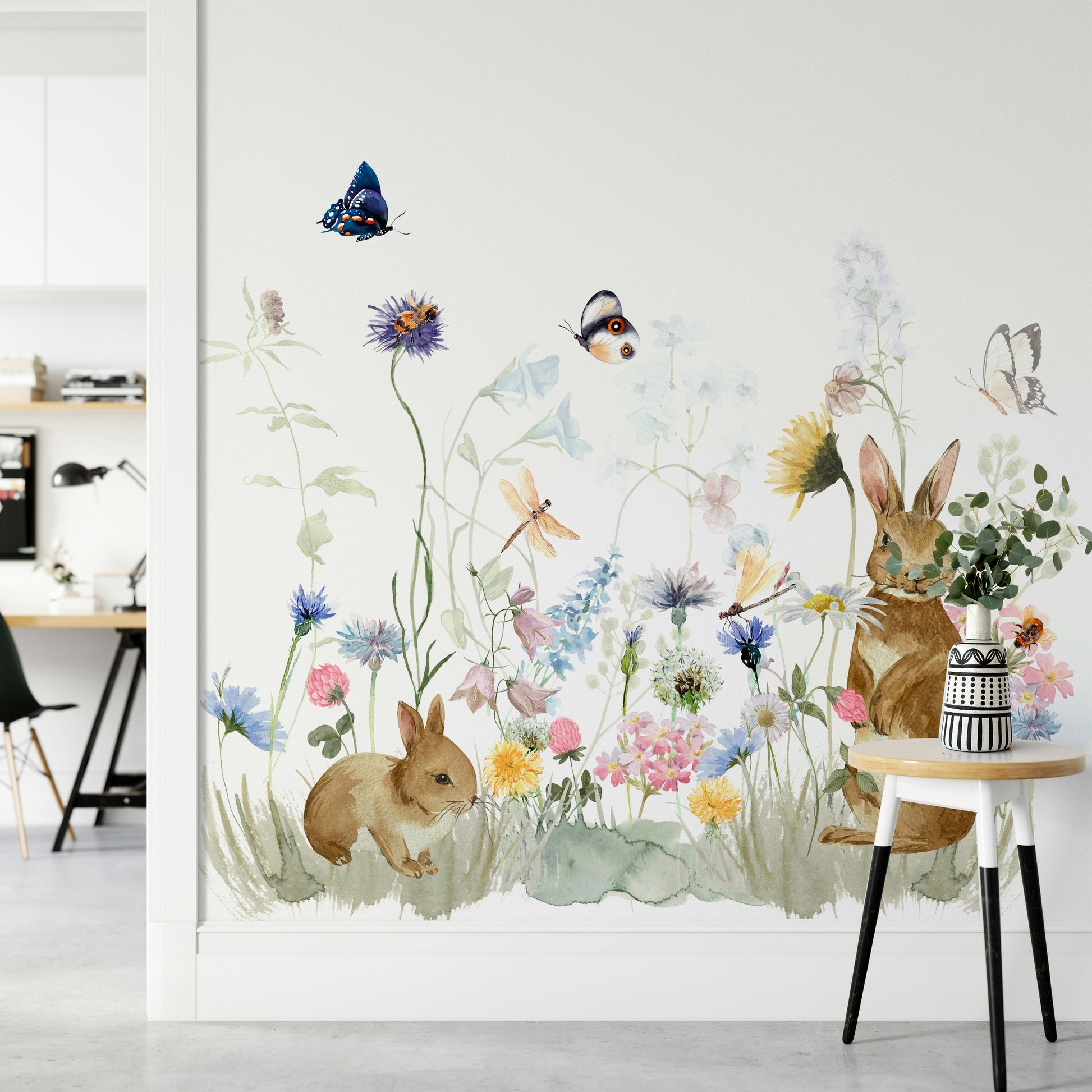 Peaceful rabbit-filled garden mural for home walls.

