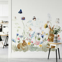 Peaceful rabbit-filled garden mural for home walls.

