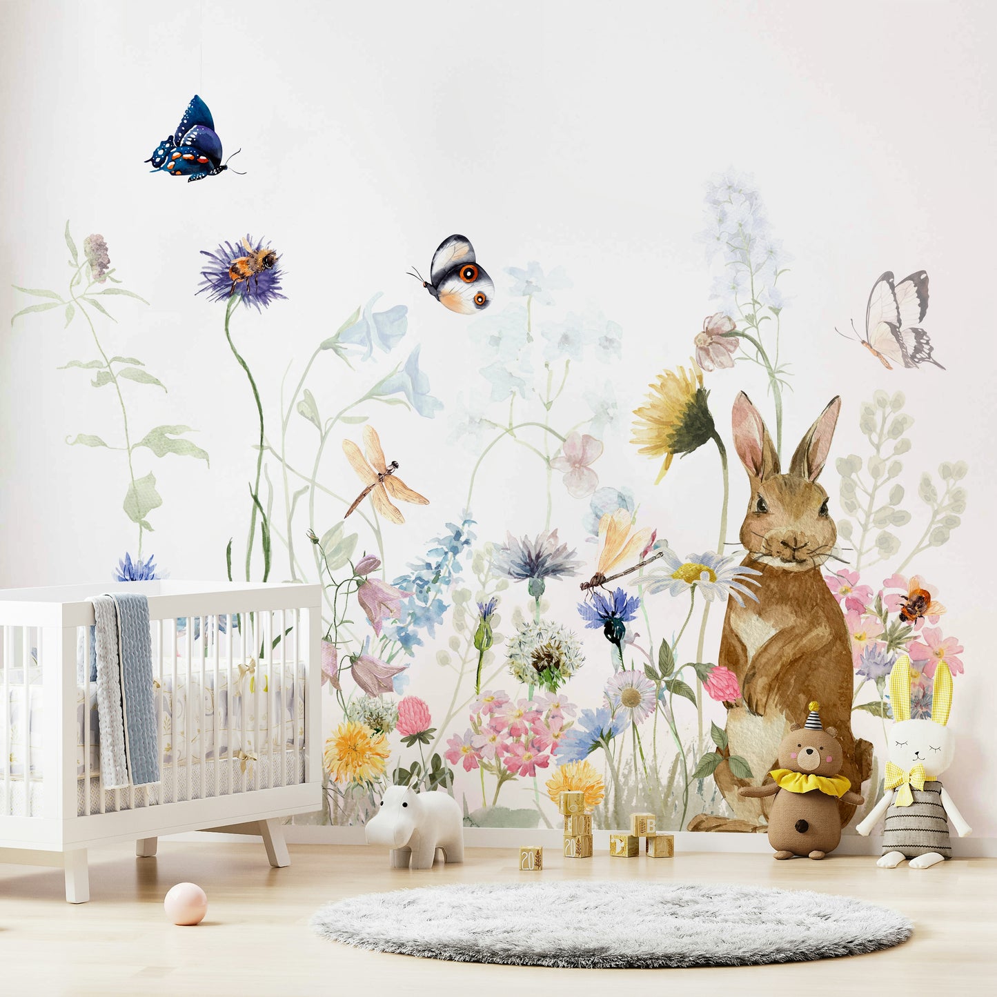 Charming rabbits wall mural for nature lovers’ room.

