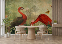 Peaceful oasis mural surrounded by tropical plants.

