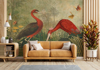 Tropical paradise mural with palm trees and water.

