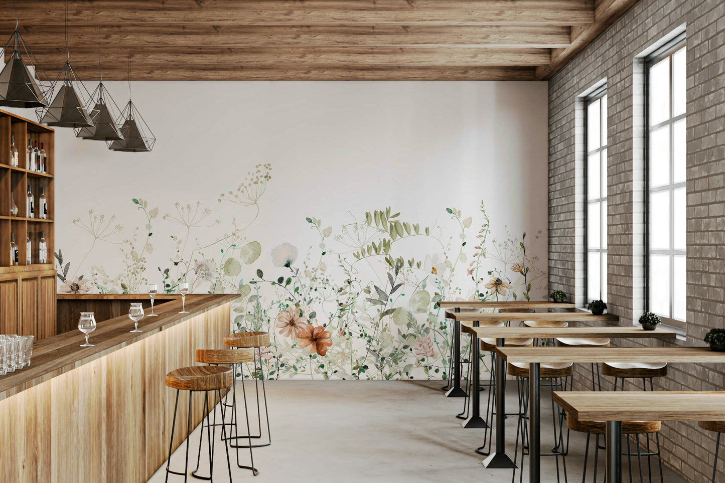 Gentle meadow mural with wildflowers and soft tones.

