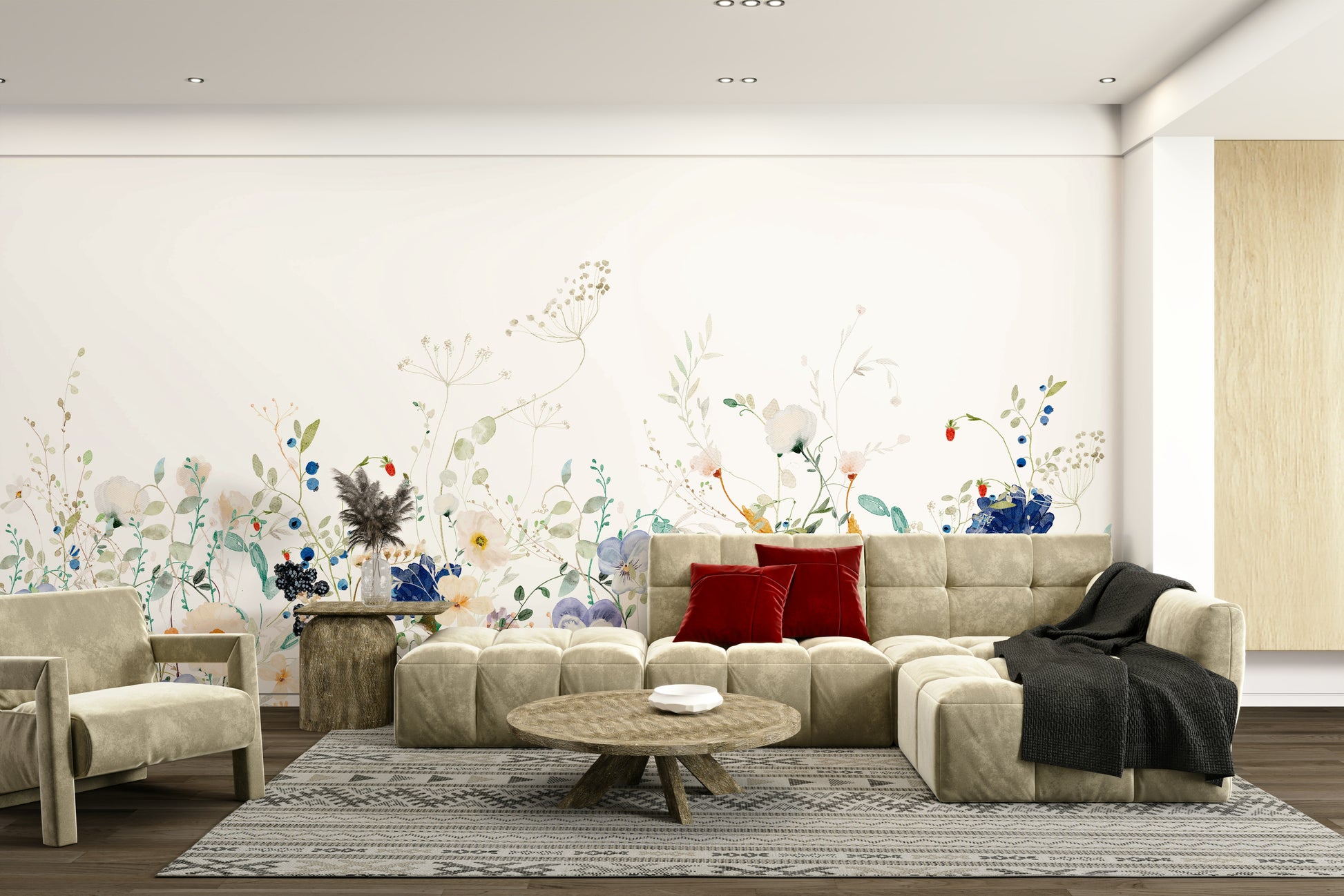 Nature-inspired wildflower watercolor mural for home

