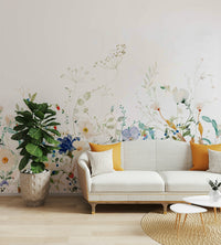 Wildflower meadow mural in soft watercolor hues

