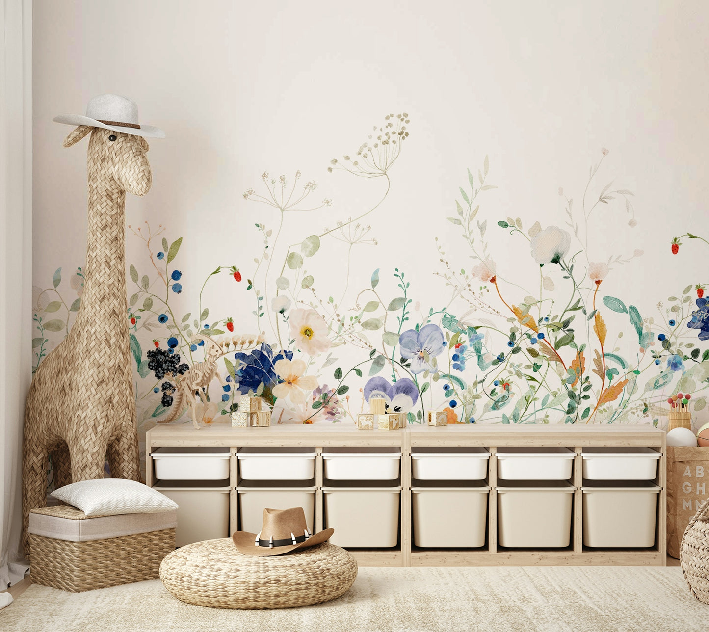 Nature-inspired wildflower watercolor mural for home

