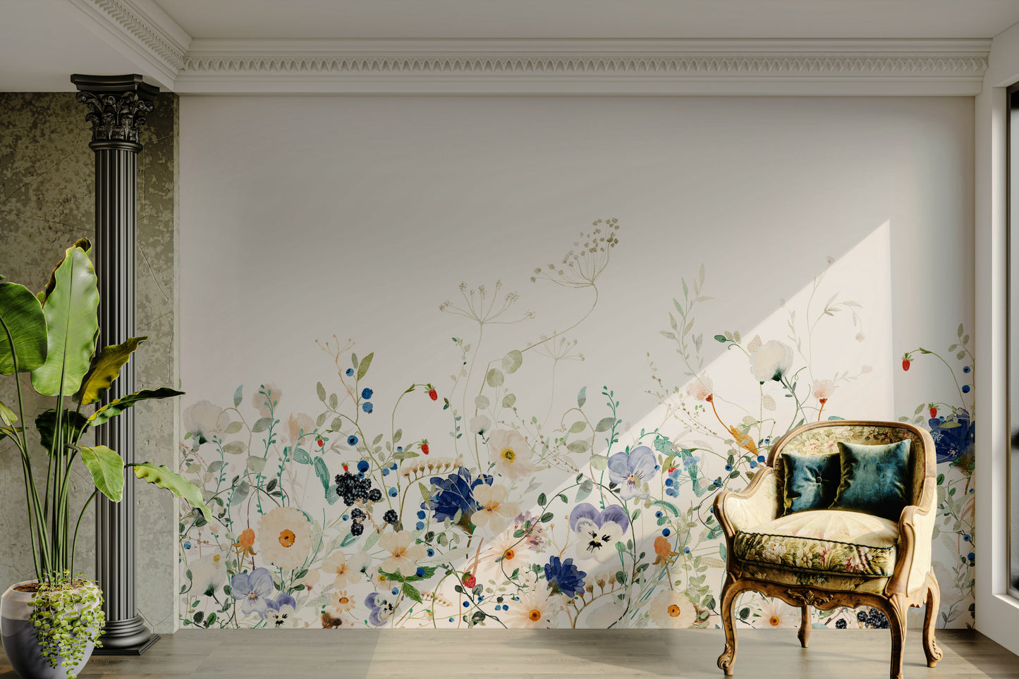Hand-painted watercolor wildflower mural for living room

