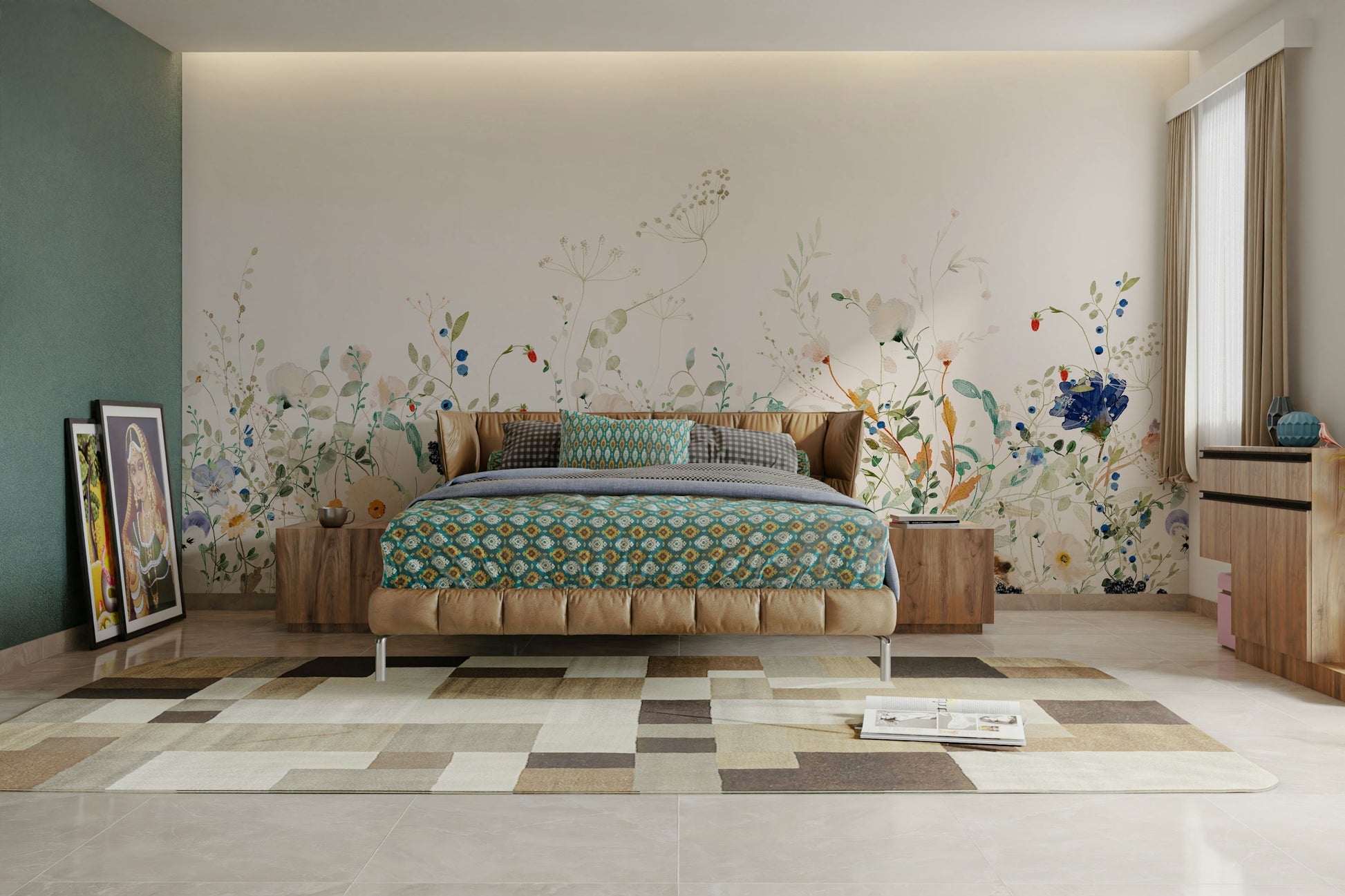 Elegant watercolor wildflower meadow wall mural

