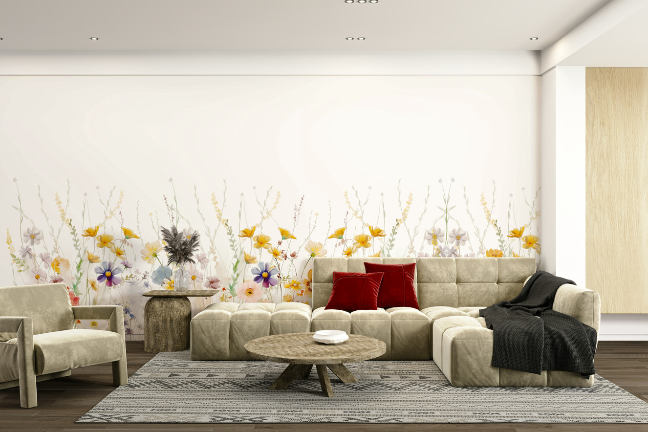 Whimsical wildflower meadow mural for living room walls.

