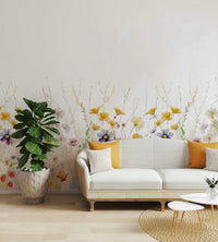 Tranquil meadow mural with vibrant wildflowers on walls.

