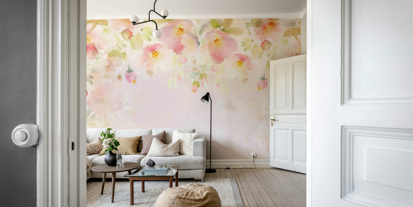 Dreamy pink wall mural featuring beautiful tropical design