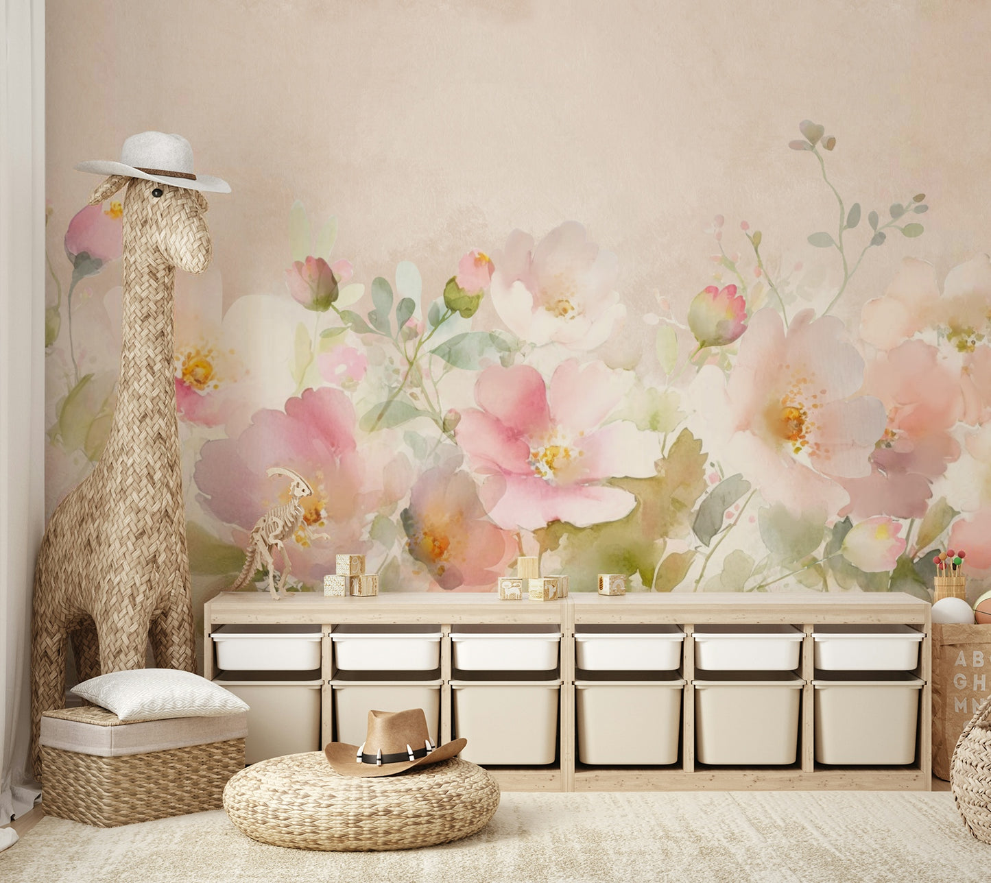 Delicate rose mural creating a romantic ambiance