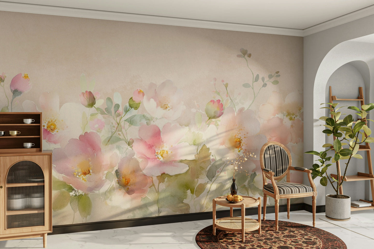 Elegant rose garden mural with soft pink tones.