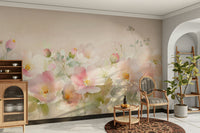 Elegant rose garden mural with soft pink tones.