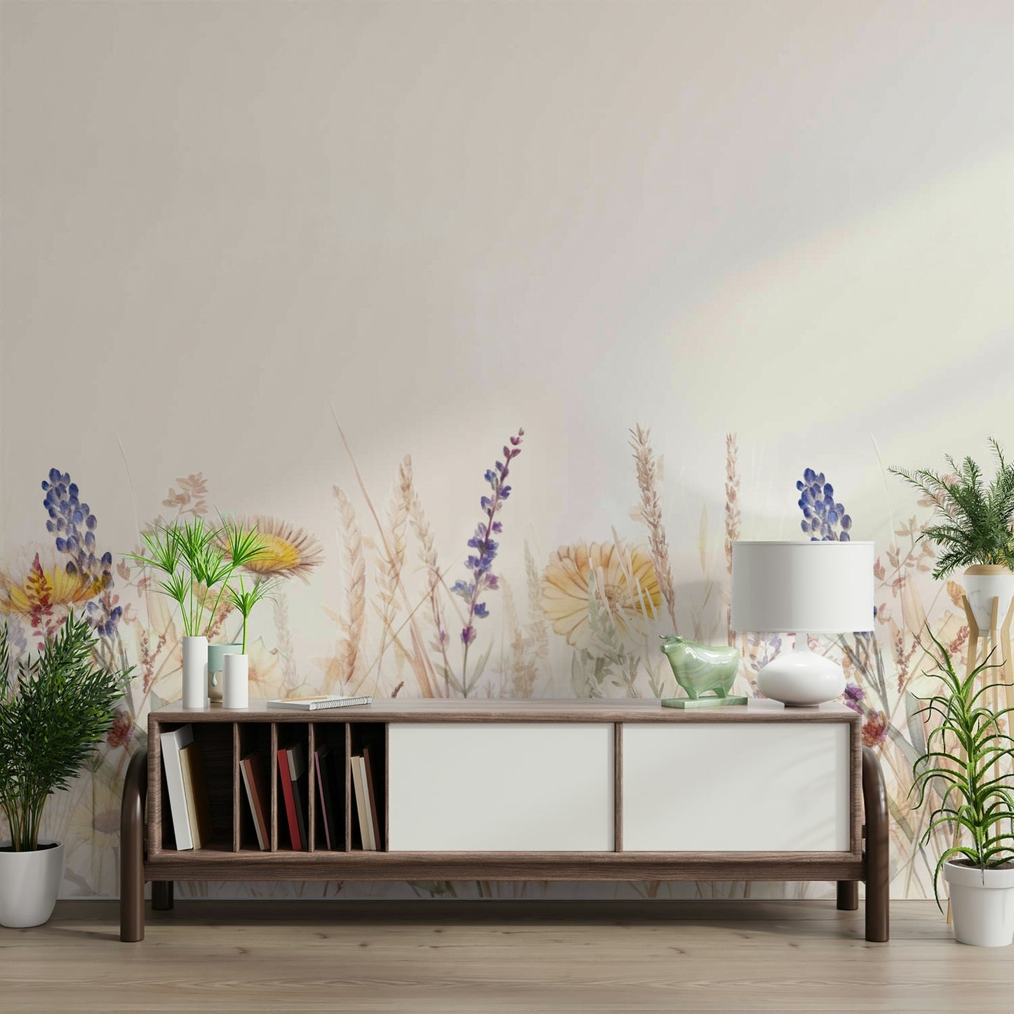 Nature-inspired wildflower meadow mural for walls.

