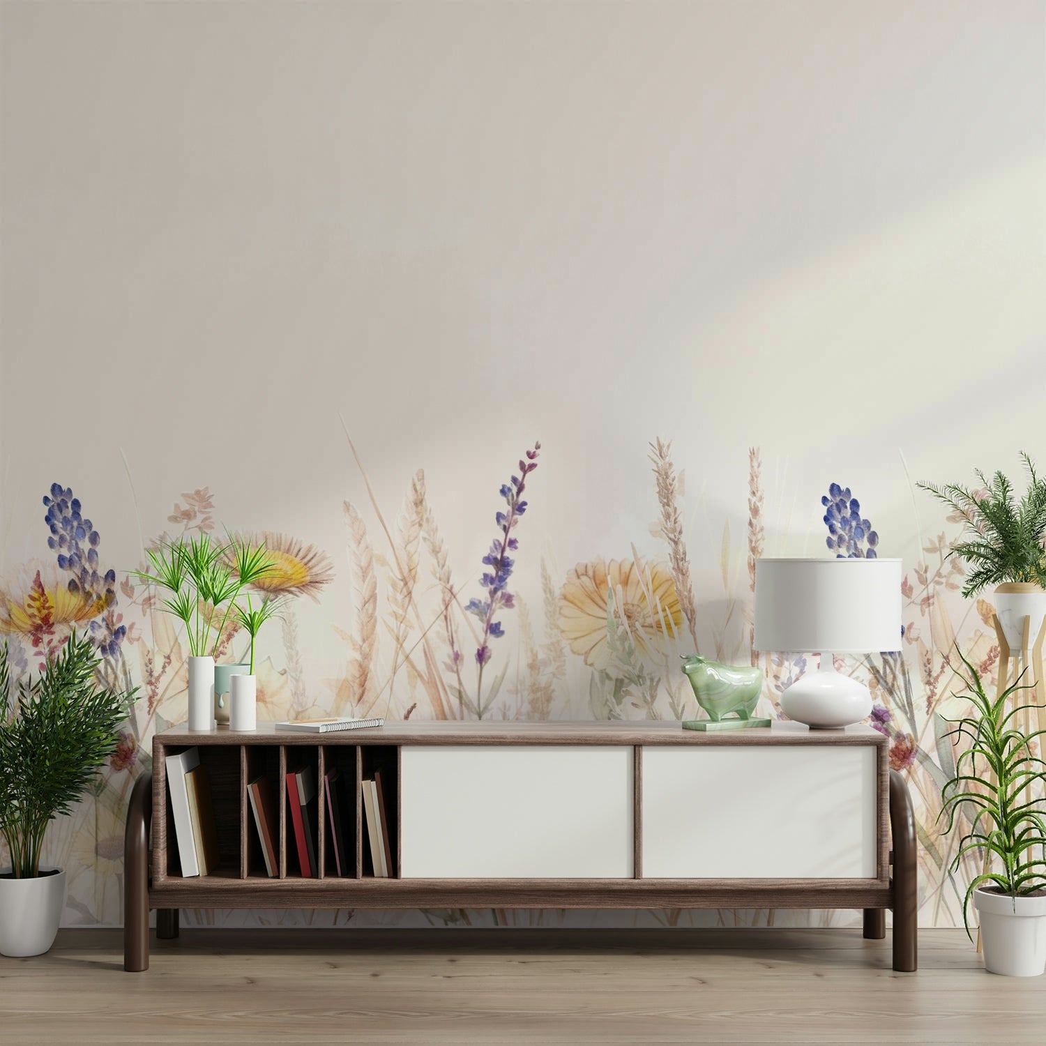 Nature-inspired wildflower meadow mural for walls.

