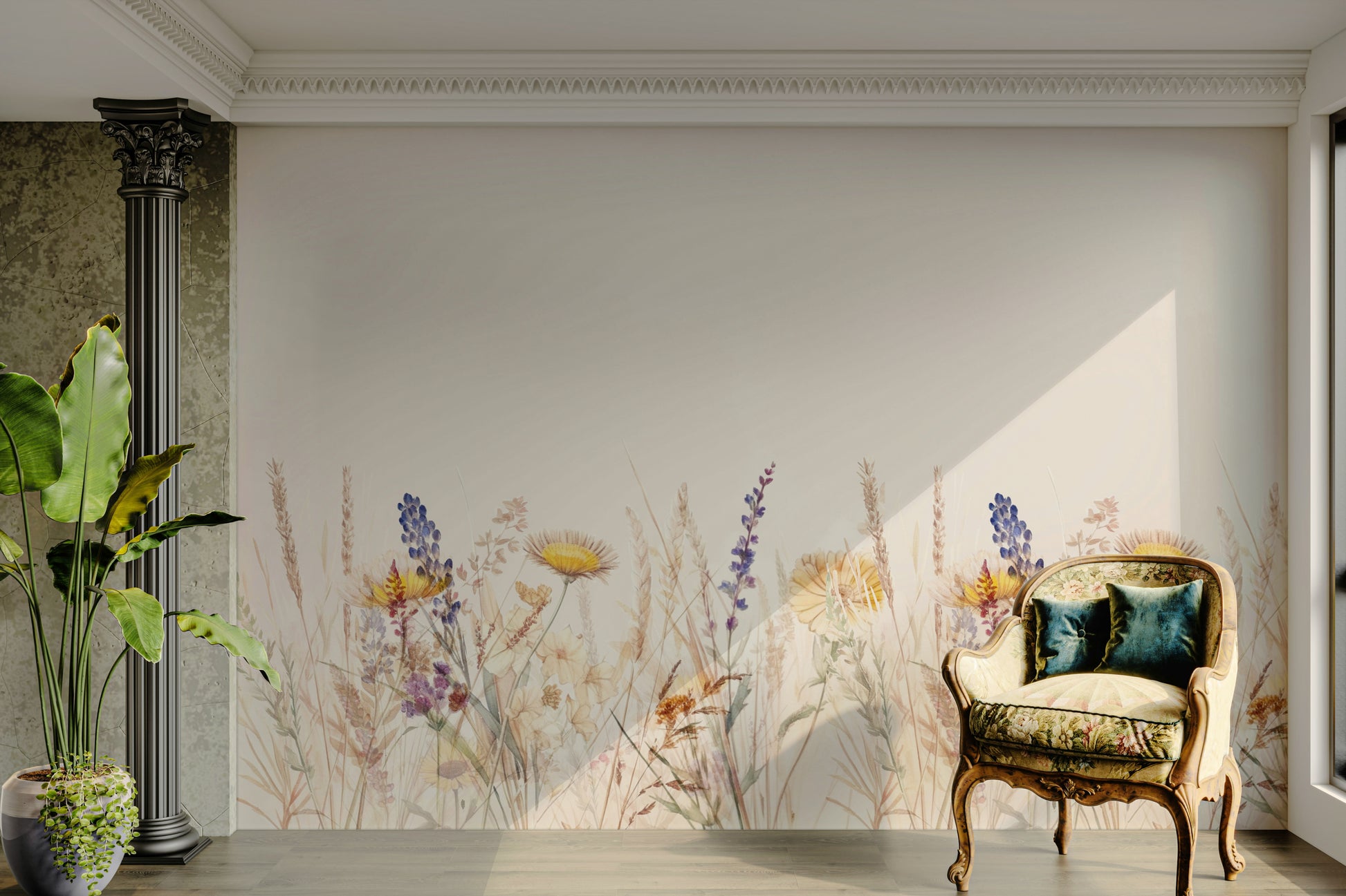 Fresh wildflower meadow mural in soft pastel hues.

