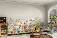 Wildflower meadow painted in watercolor on bedroom wall mural

