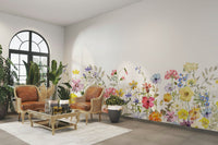 Colorful watercolor wildflower mural for living room accent wall
