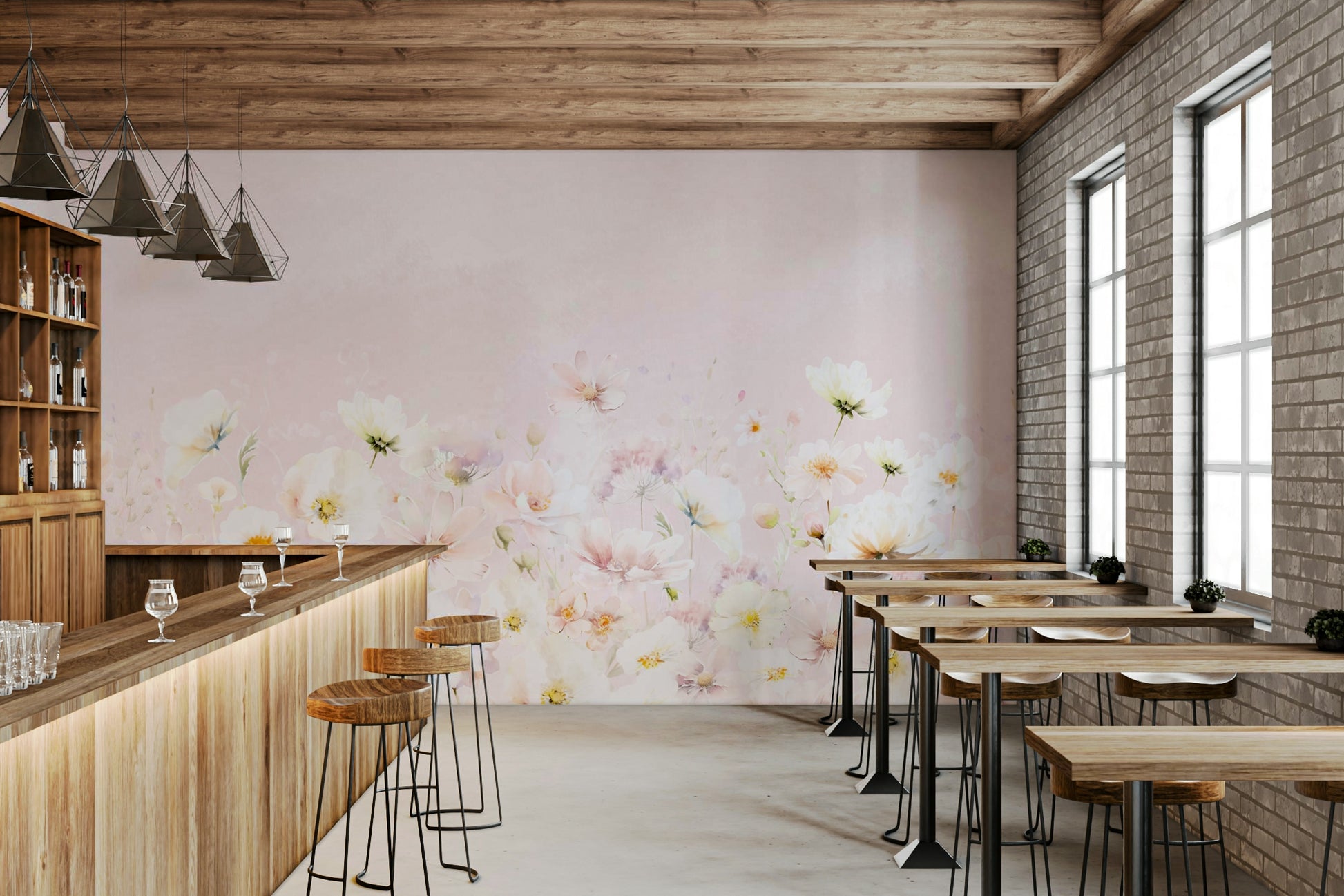 Soft blush floral meadow mural for serene walls

