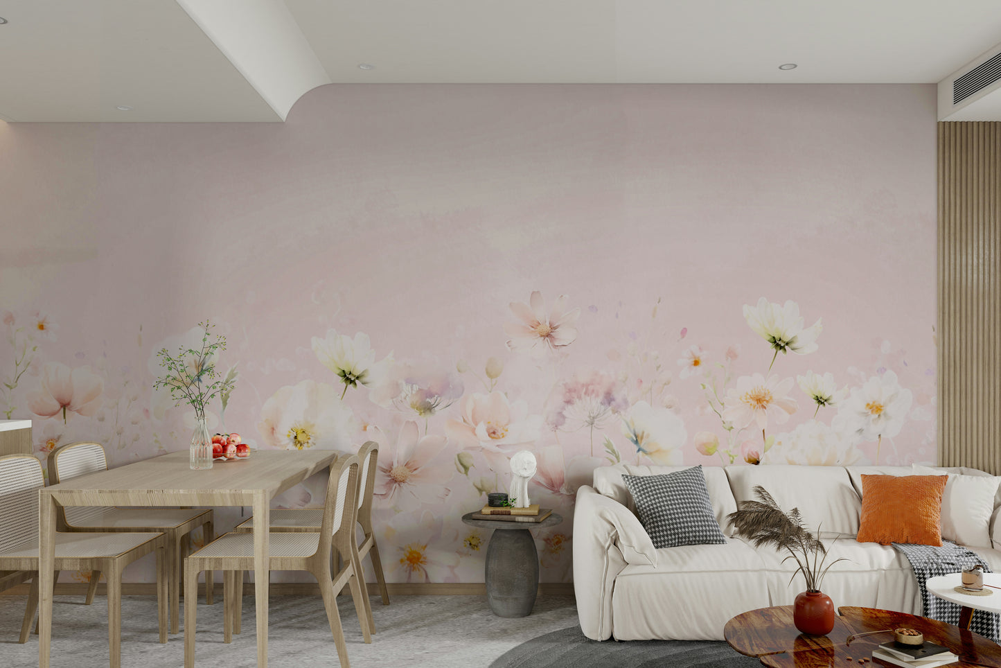 Romantic blush blossom meadow mural for interiors

