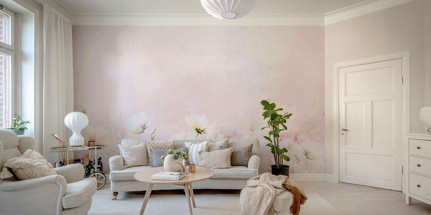 Elegant blush blossom meadow wallpaper design

