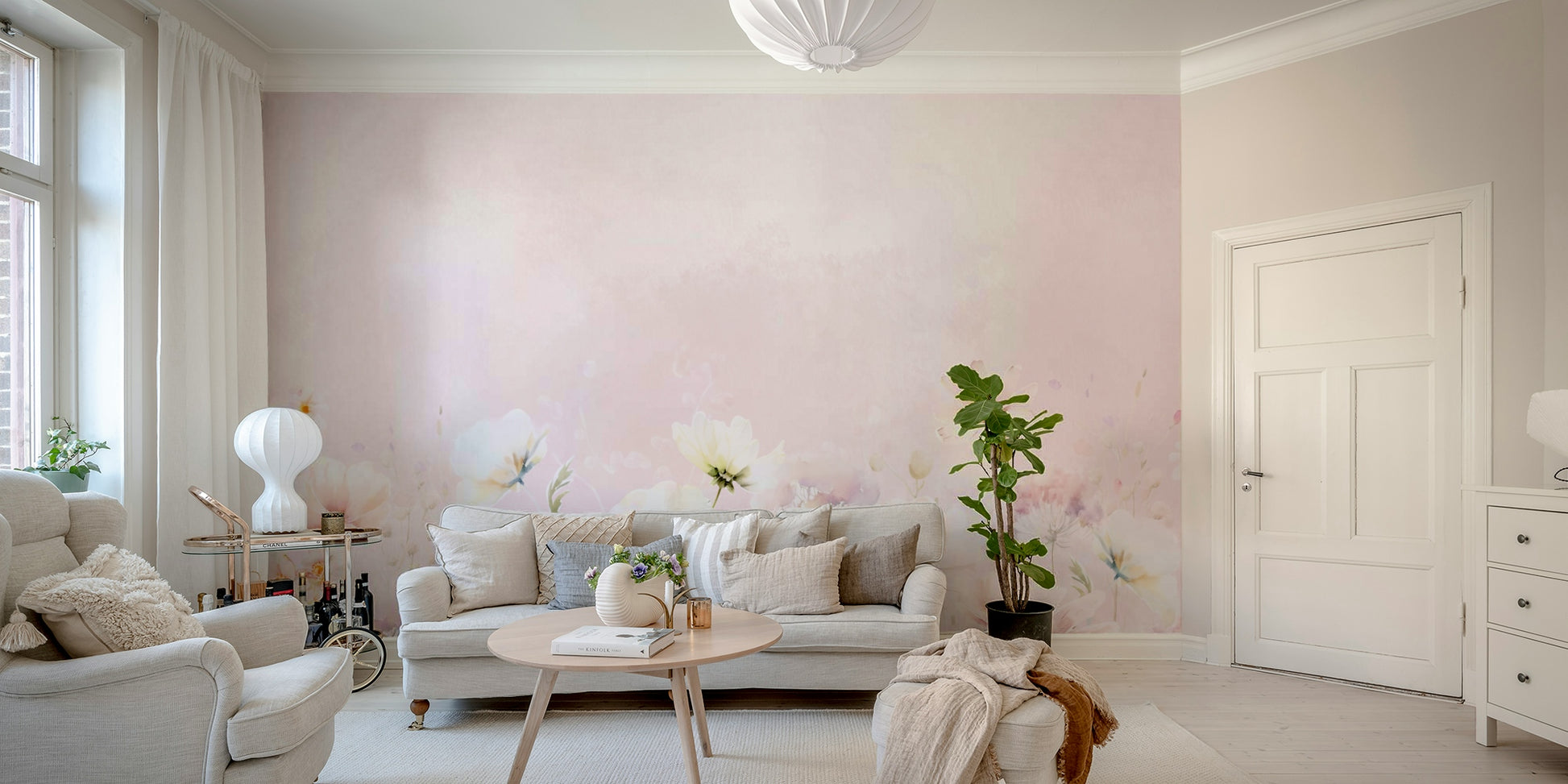 Elegant blush blossom meadow wallpaper design

