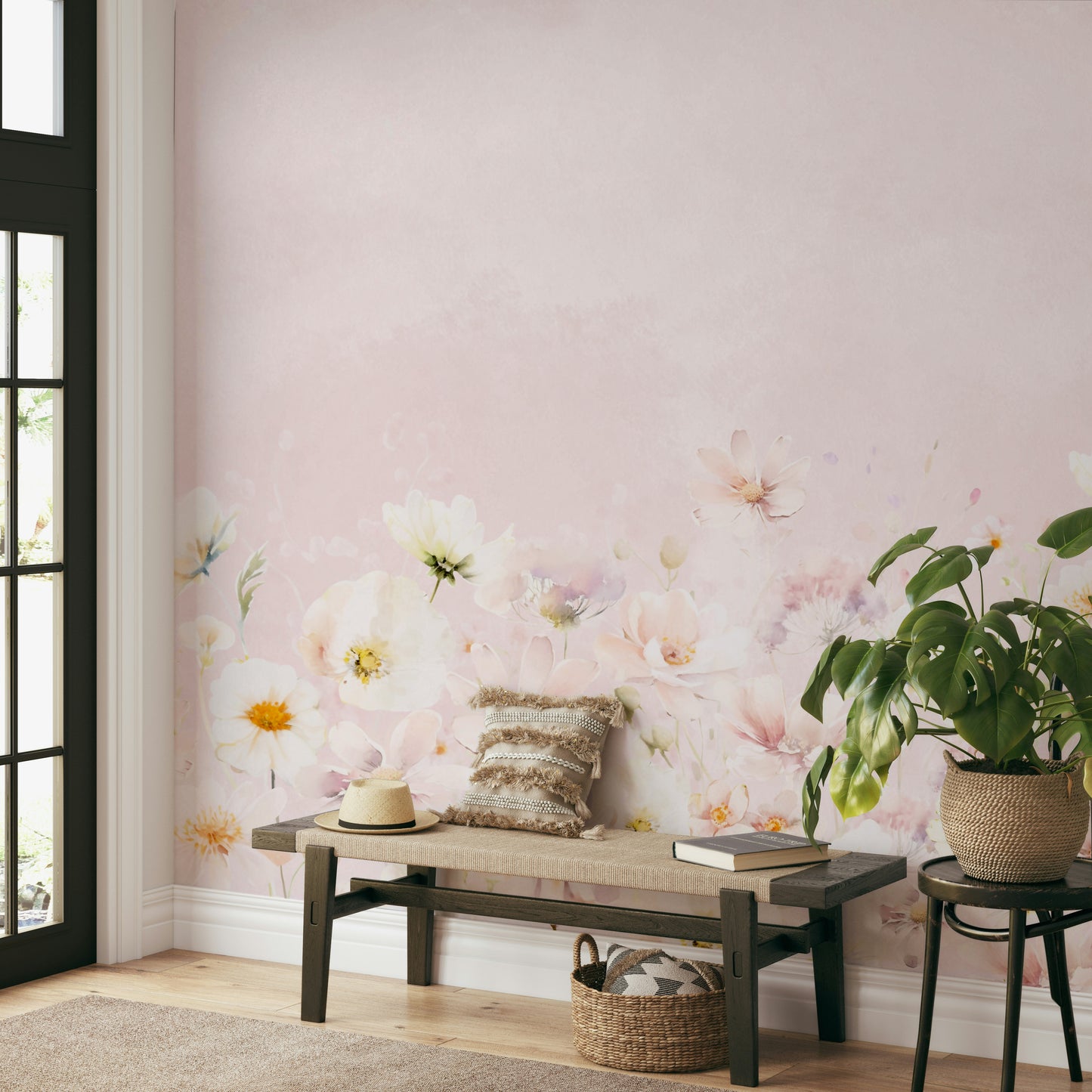 Blush blossom meadow wallpaper adding soft charm

