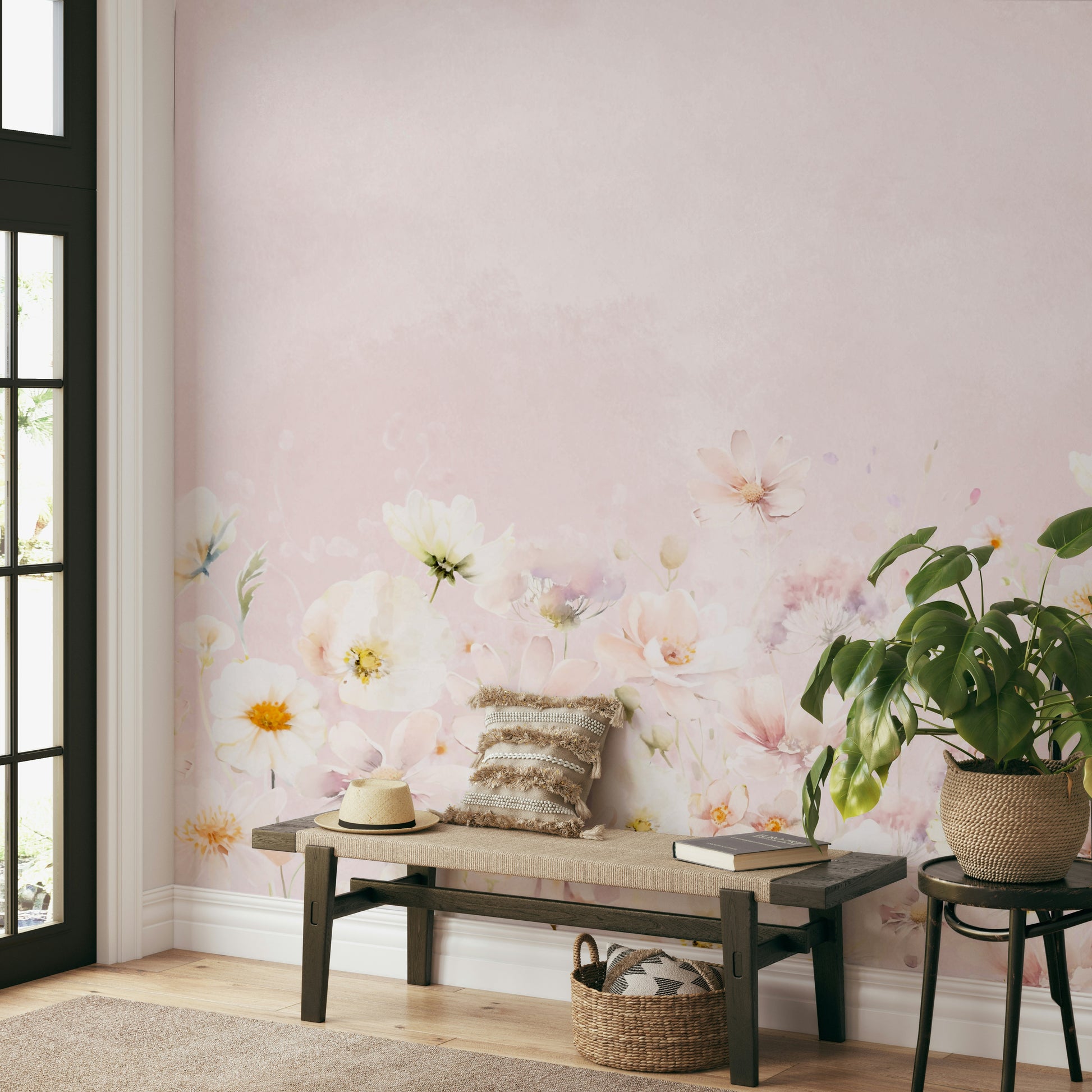 Blush blossom meadow wallpaper adding soft charm


