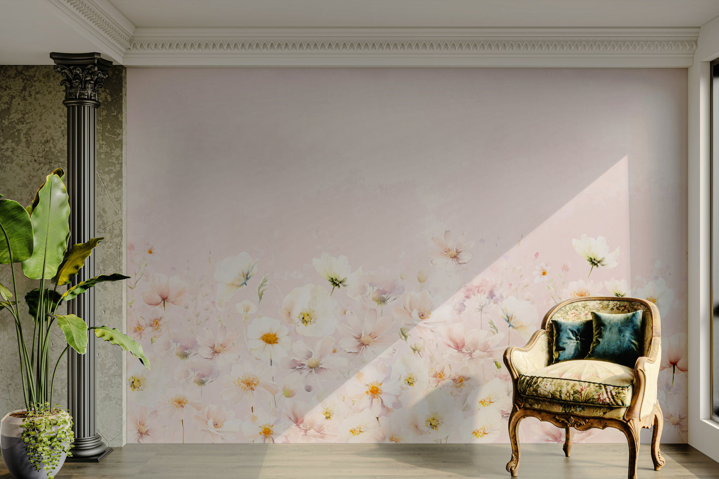 Pastel pink blossom meadow mural in living room


